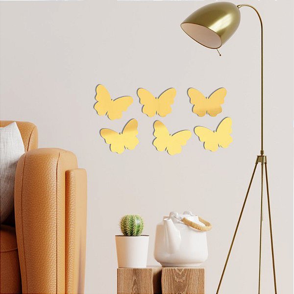 Espelho Decorativo Borboletas 6 Peças - Ac. Esp. Dourado