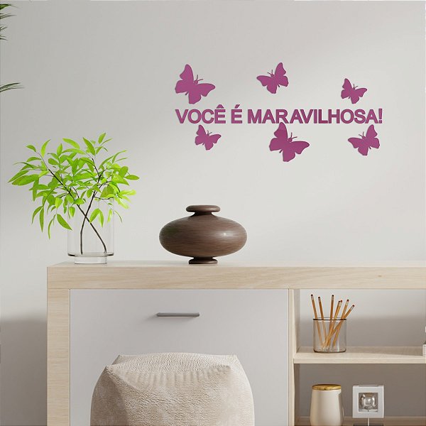 Espelho "Você é maravilhosa!" 50cm com Borboletas - Pink
