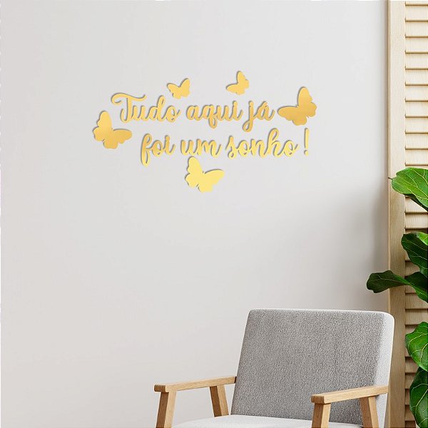 Espelho Tudo aqui já foi um sonho! com borboletas - Dourado