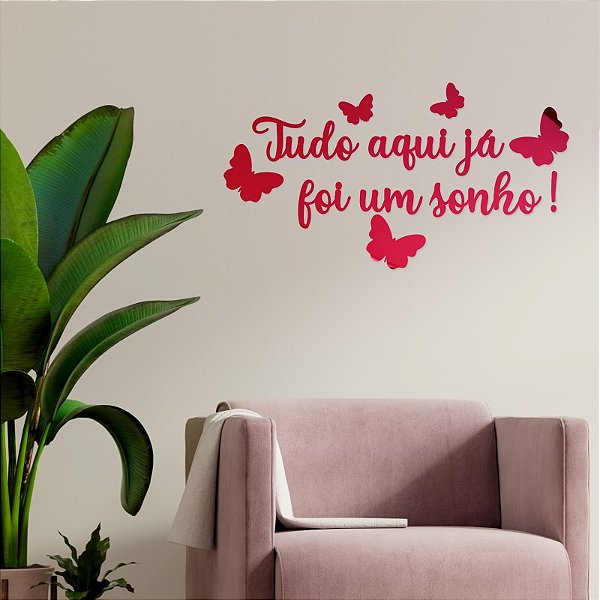 Espelho Tudo aqui já foi um sonho! com borboletas - Vermelho