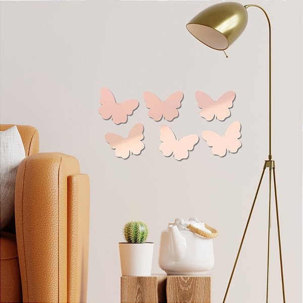 Espelho Decorativo Borboletas 6 Peças - Ac. Espelhado Rosa
