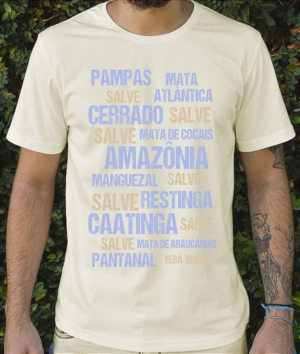 Camiseta Masculina em Algodão Orgânico - Estampa Salve Ecossistema - Artista Heris Rocha