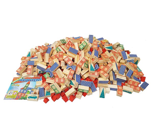 Brinquedo Educativo Sacolão Arquiteto Com 700 Peças Em Madeira Colorida Na Mochila