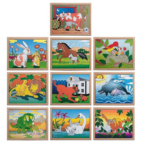 Brinquedo Educativo Quebra Cabeça Animais E Filhotes Kit Com 10 Em Mdf - Carlu