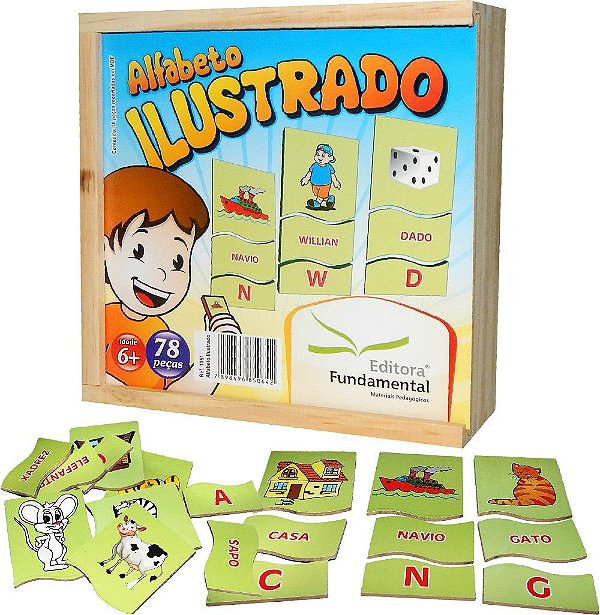 Jogo Educativo Alfabeto Ilustrado C/ 78 Peças Em Mdf Cx. Madeira