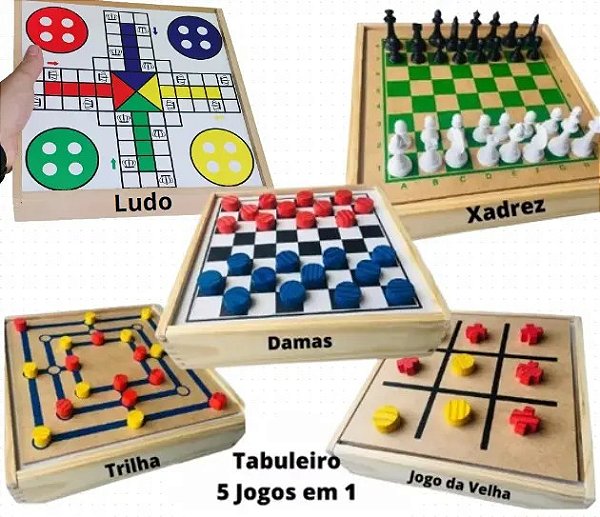 Jogo Educativo 5 em 1 Dama Trilha Jogo Da Velha Xadrez Ludo