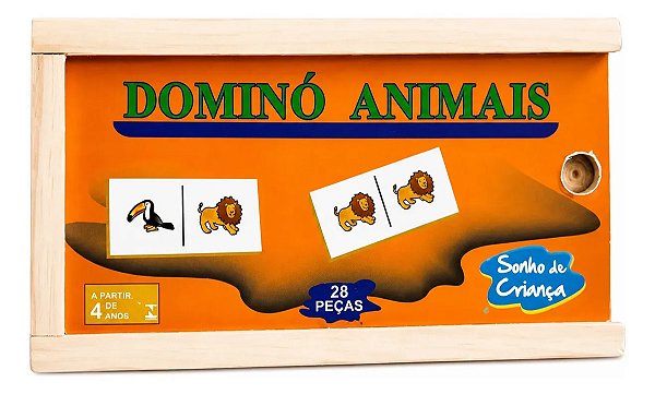 Dominó C/ Animais Bichos Pedagógico Com 28 Peças Em Madeira