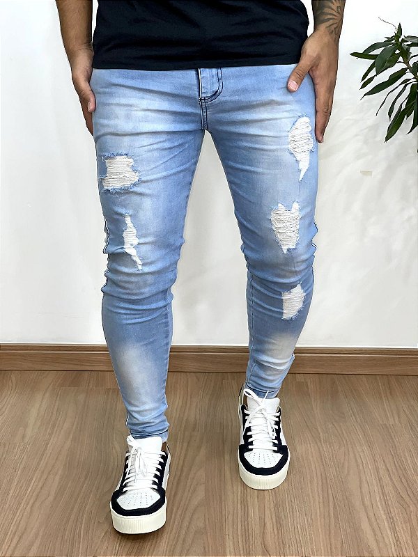 Calça Jeans Super Skinny Destroyed Detalhe Branco Lateral - Codi Jeans