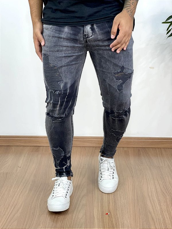 Calça Jeans Super Skinny Estonada Black Destroyed V2 - Jay