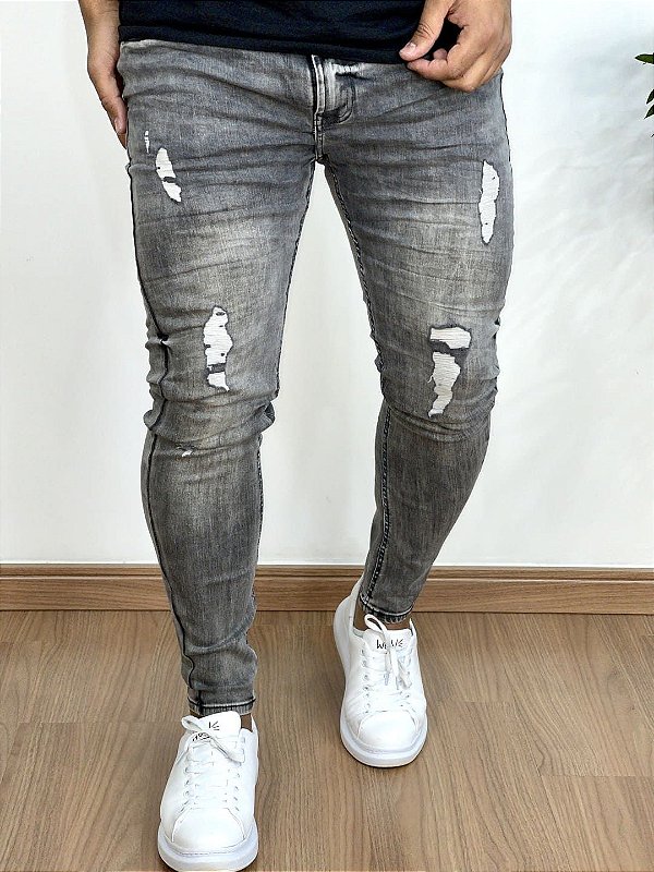 Calça Jeans Super Skinny Cinza Médio Destroyed - City Denim