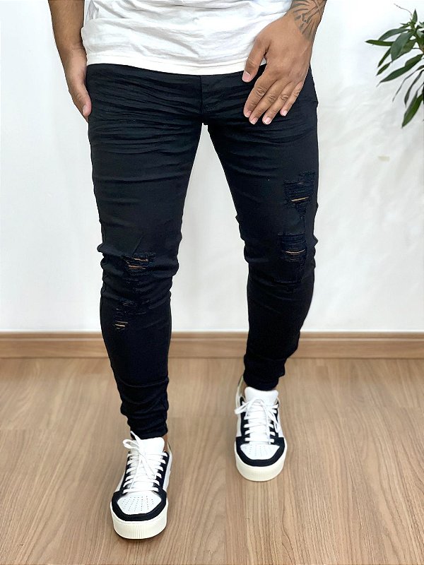 Calça Jeans Super Skinny Preta Destroyed - Codi Jeans