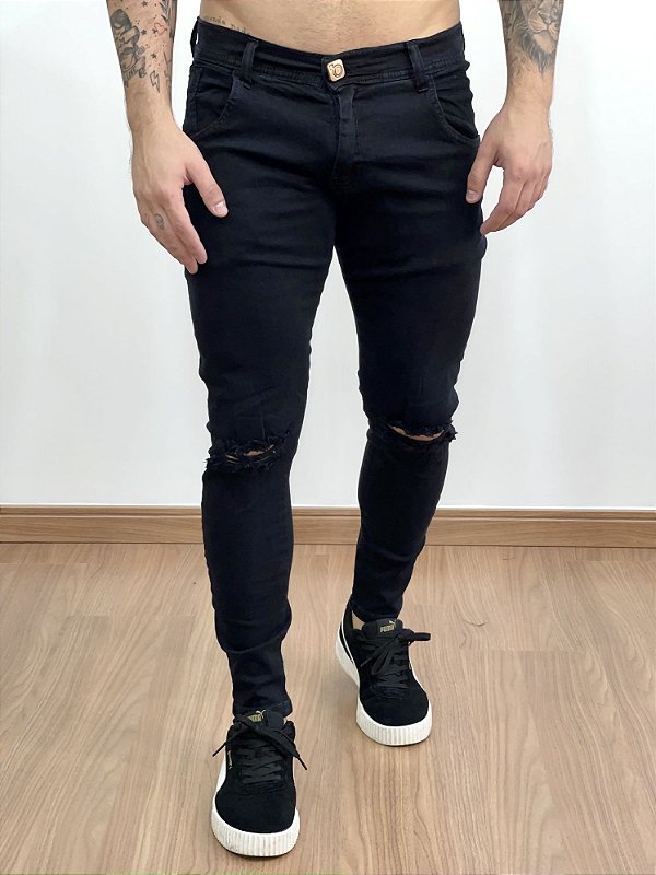 Calça Jeans Super Skinny Preta Rasgo no Joelho C4 - Colin Denim
