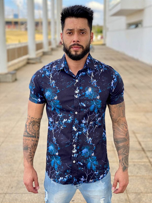 Camisa Manga Curta Floral Azul - Bold For Life