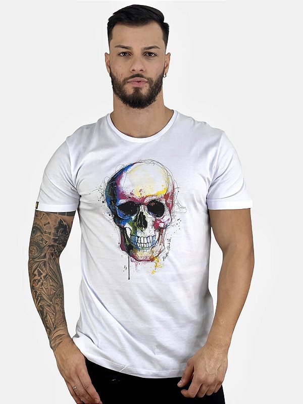 Camiseta Básica Branca Skull Drawn - Austin Club