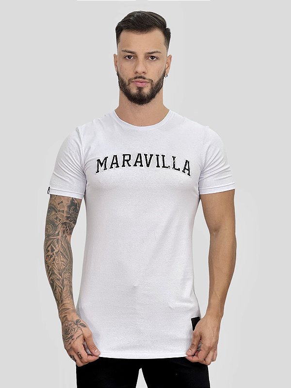 Camiseta Longline Branca Aplique Preto - Maravilla