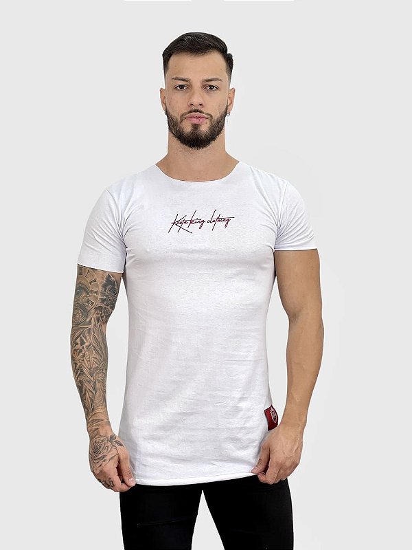 Camiseta Longline Branco Escritas Metálica - Kreta Clothing #