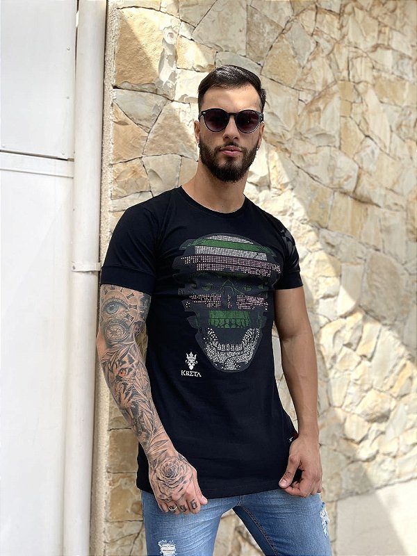 Camiseta Longline Preta Skull Strass Collors - Kreta [