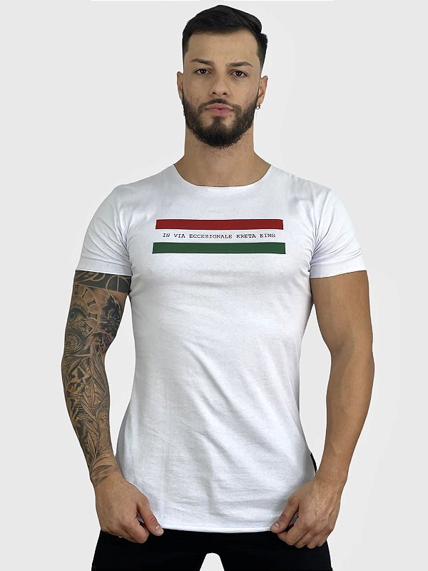 Camiseta Longline Branca Faixas Color - Kreta Clothing