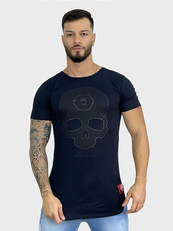 Camiseta Longline Preta Skull Pontilhado - Kreta Clothing