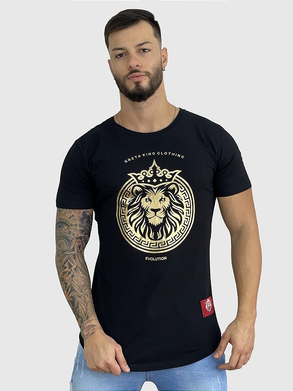 Camiseta Longline Preta Lion Foil Gold - Kreta Clothing