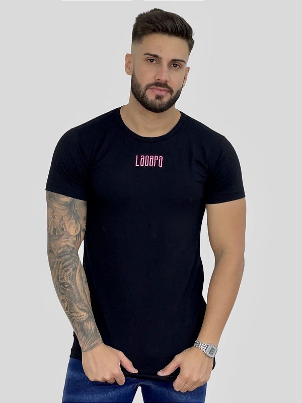 Camiseta Longline Preta Escritas Rosa - Lacapa