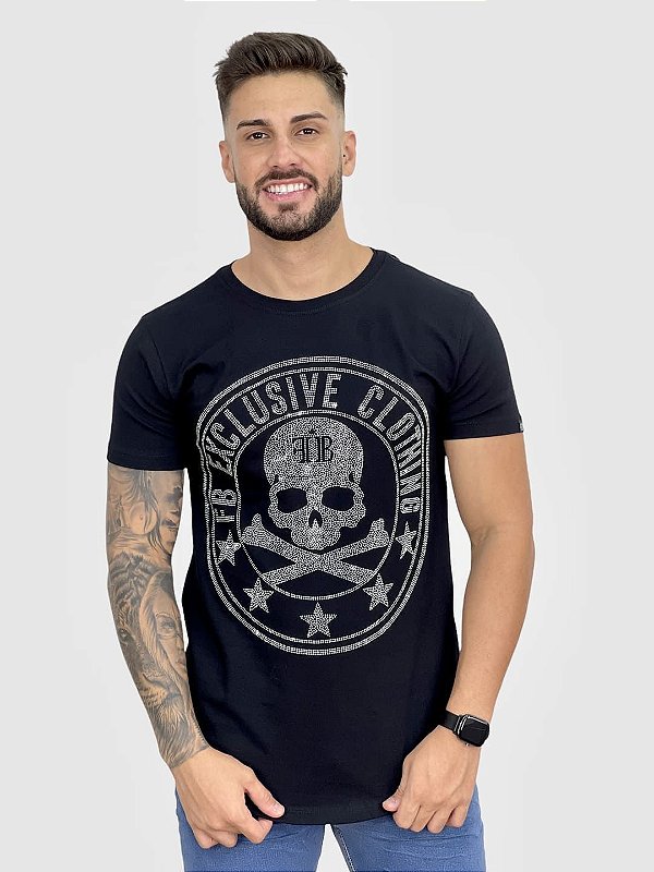Camiseta Longline Preta Skull Circles Strass - Fb Clothing