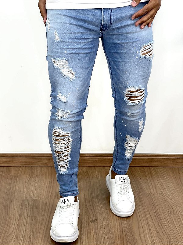 Calça Jeans Masculina Super Skinny Média Destroyed Respingo*