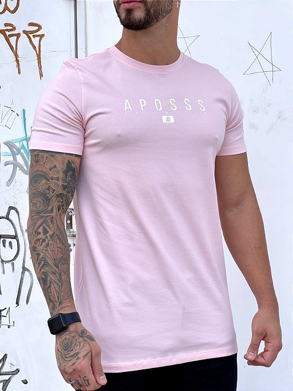Camiseta Masculina Longline Rosa Claro Logo Central - Aposss