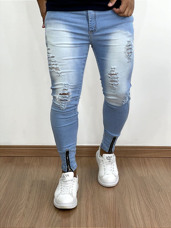 Calça Jeans Masculina Super Skinny Clara Destroyed Com Zíper*