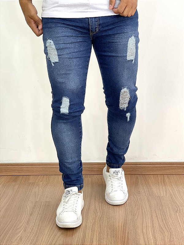 Calça Jeans Masculina Super Skinny Escura Destroyed Premium*