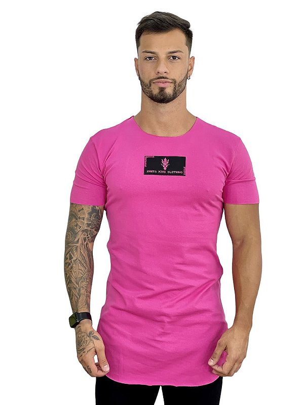 Camiseta Longline Masculina Pink Box Logo Bordado [