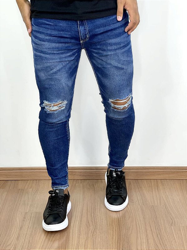 Calça Jeans Masculina Super Skinny Escura Rasgo No Joelho Detalhes*