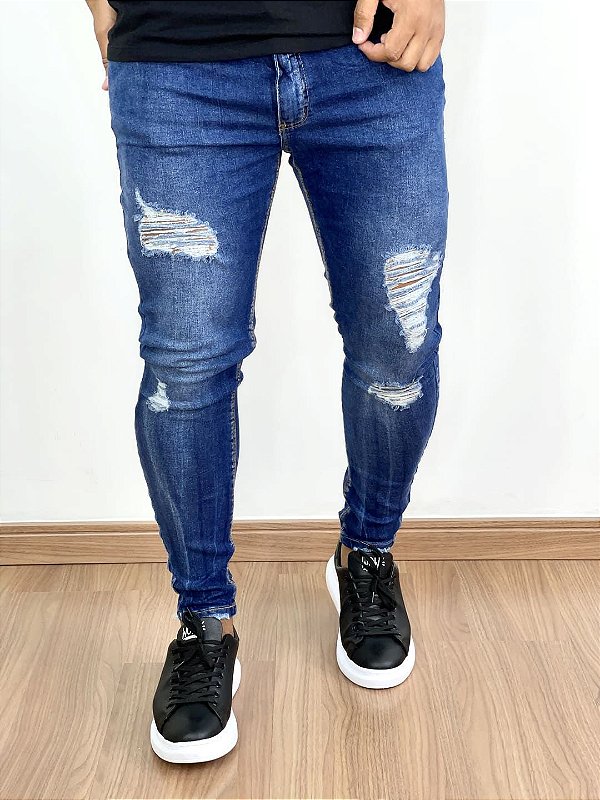 Calça Jeans Masculina Super Skinny Destroyed Com Detalhes*