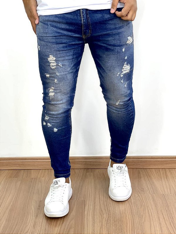 Calça Jeans Masculina Super Skinny Escura Destroyed Leve V2*
