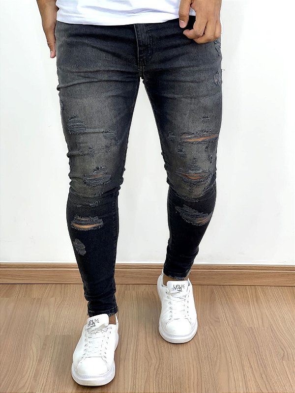 Calça Jeans Masculina Super Skinny Preta Lavada Destroyed V2*