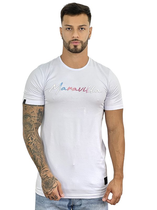 Camiseta Longline Masculina Branca Escritas Color New