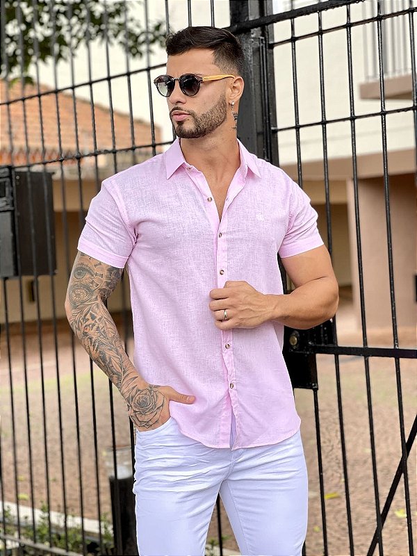 Camisa Manga Curta Masculina Básica Rosa Claro*