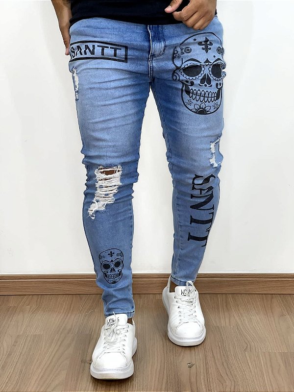 Calça Jeans Masculina Super Skinny Média Destroyed Caveira Mexicana*