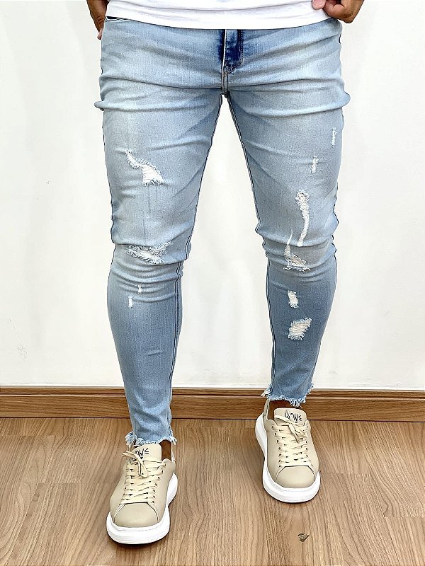 Calça Jeans Masculina Super Skinny Clara Destroyed Barra Irregular*