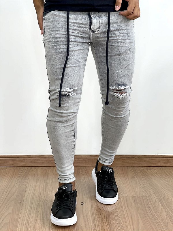 Calça Jeans Masculina Super Skinny Marmorizada Com Cordão*