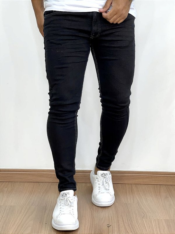 Calça Jeans Masculina Super Skinny Preta Lavada Básica Sem Rasgo