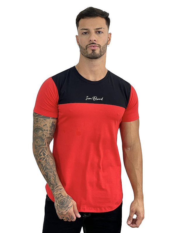 Camiseta Longline Masculina Vermelha Com Recorte Preto Brand @