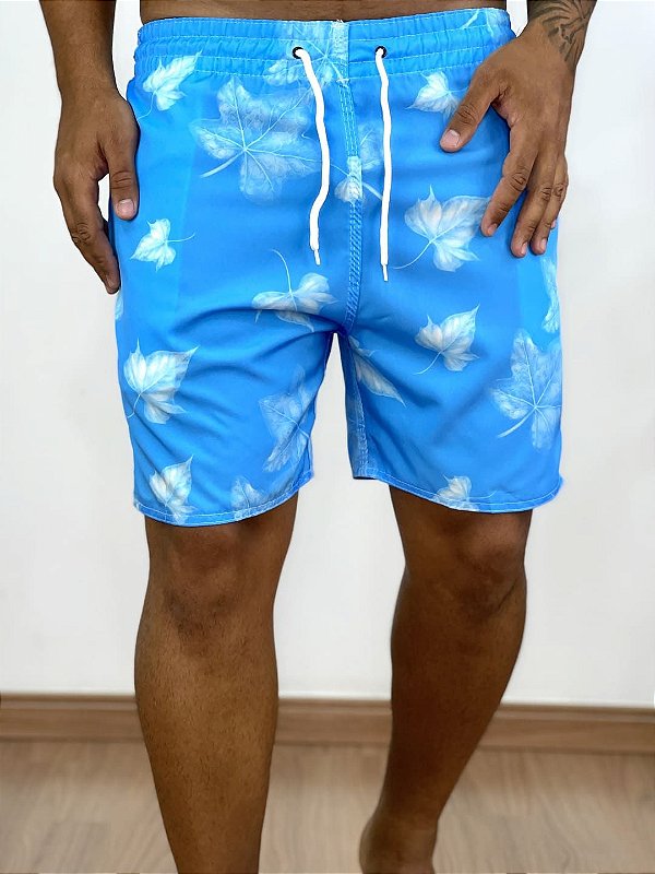 Shorts Água Masculino Azul Claro Com Flores Brancas Básico @