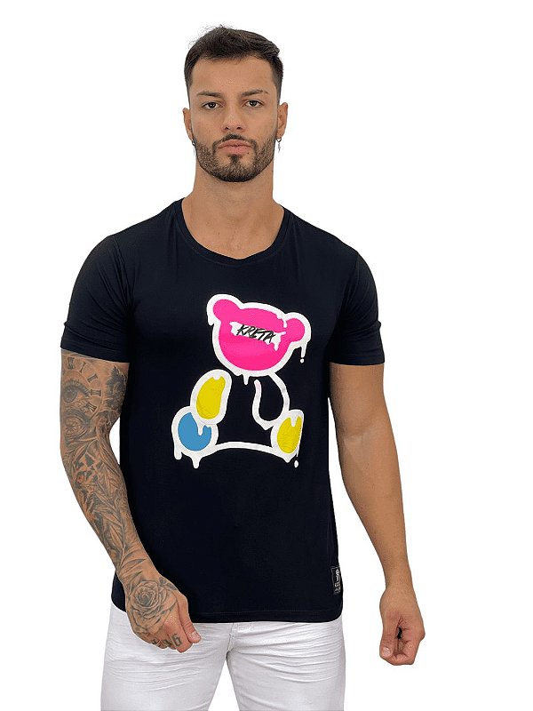 Camiseta Masculina Viscose Preta Urso Contorno Colors