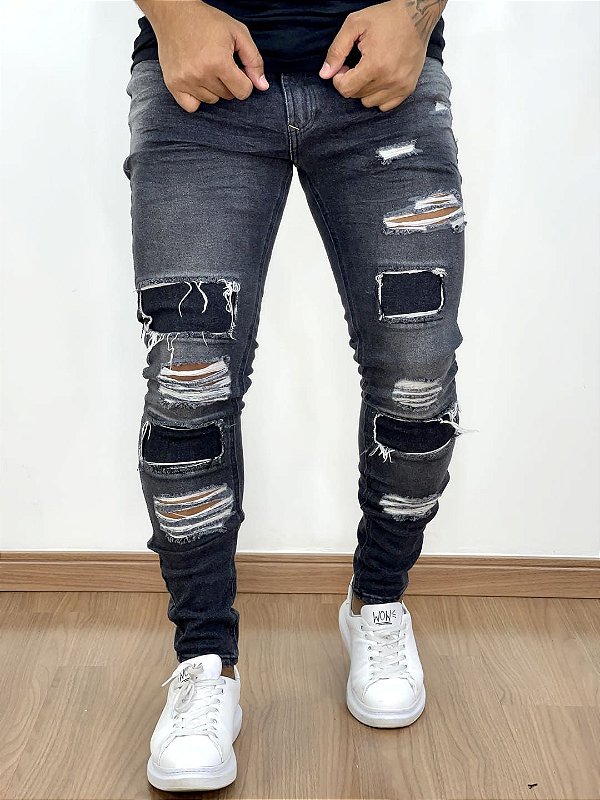 Calça Jeans Masculina Super Skinny Black Estonado Forro