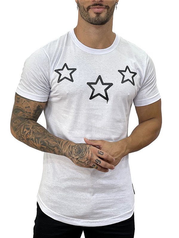 Camiseta Longline Masculina Branca Três Estrelas