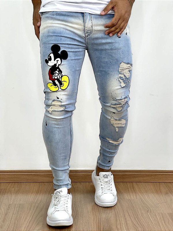 Calça Jeans Masculina Super Skinny Clara Respingo Mickey Bordado
