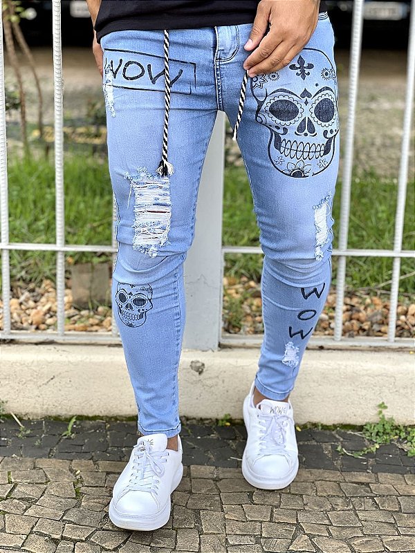 Calça Jeans Masculina Super Skinny Média Destroyed Caveira Mexicana