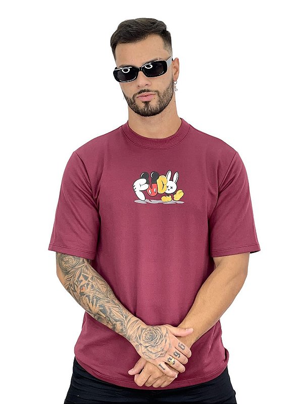 Camiseta Masculina Oversized Bordo Escritas Fck Colors