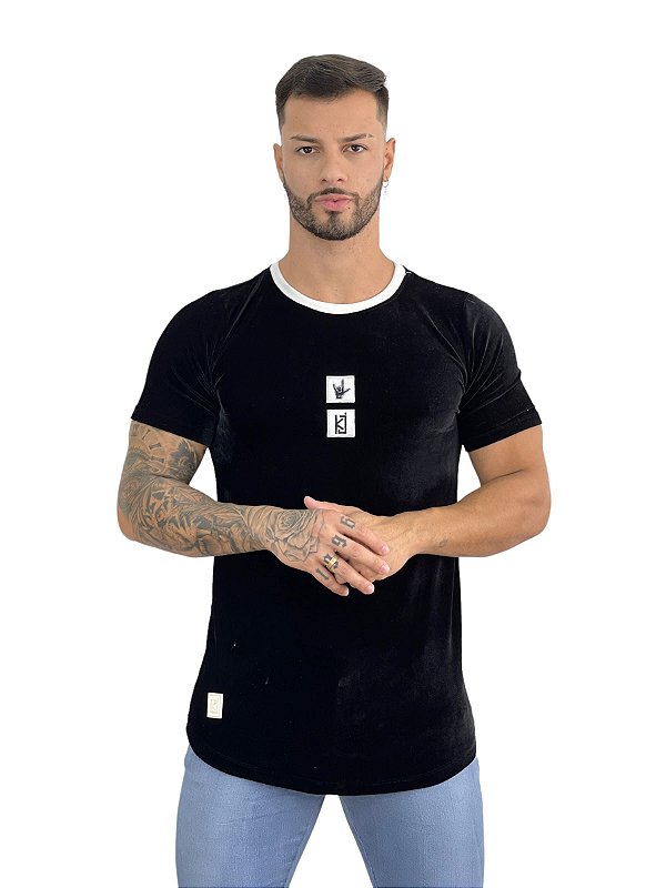 Camiseta Longline Masculina Preta Veludo Box Frontal